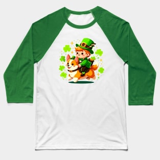 Cute Leprechaun Riding a Corgi - Saint Patrick's Day Theme Baseball T-Shirt